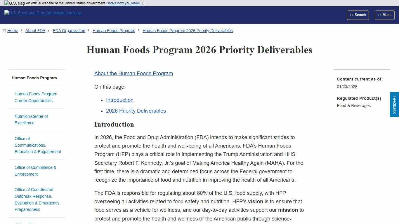 Human Foods Program 2026 Priority Deliverables FDA